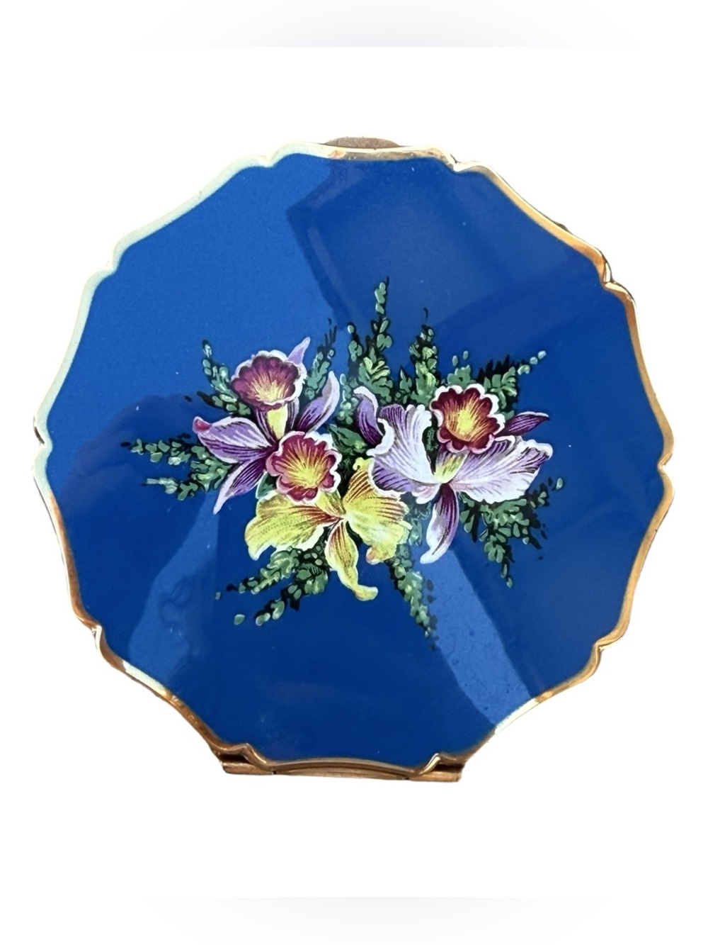 Vintage Mid Century Stratton Cobalt Blue Enamel Floral Scalloped Edge Compact